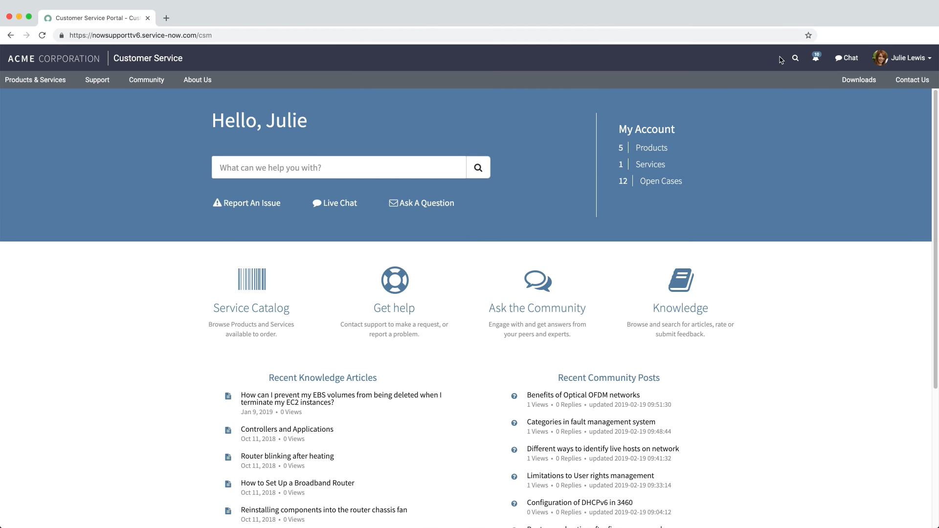 screenshot of ServiceNow Customer Service Management